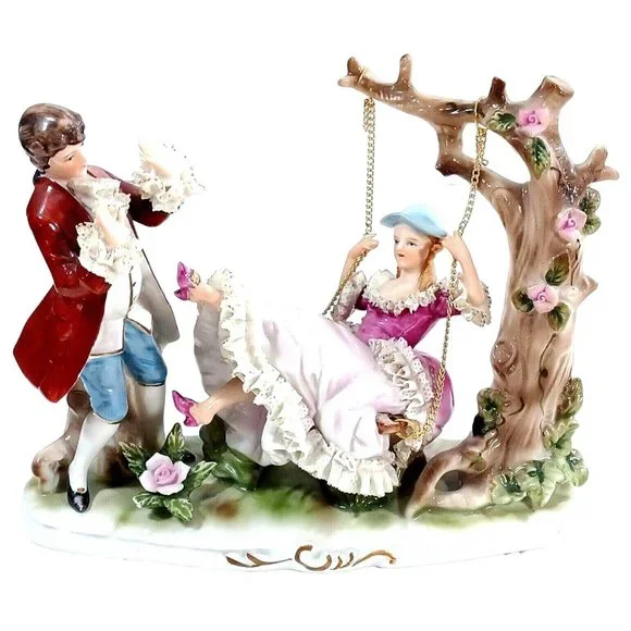 Romantic Dresden Lace Figurine Sculpture Man Woman Tree Swing Capodimonte - Picture 6 of 16